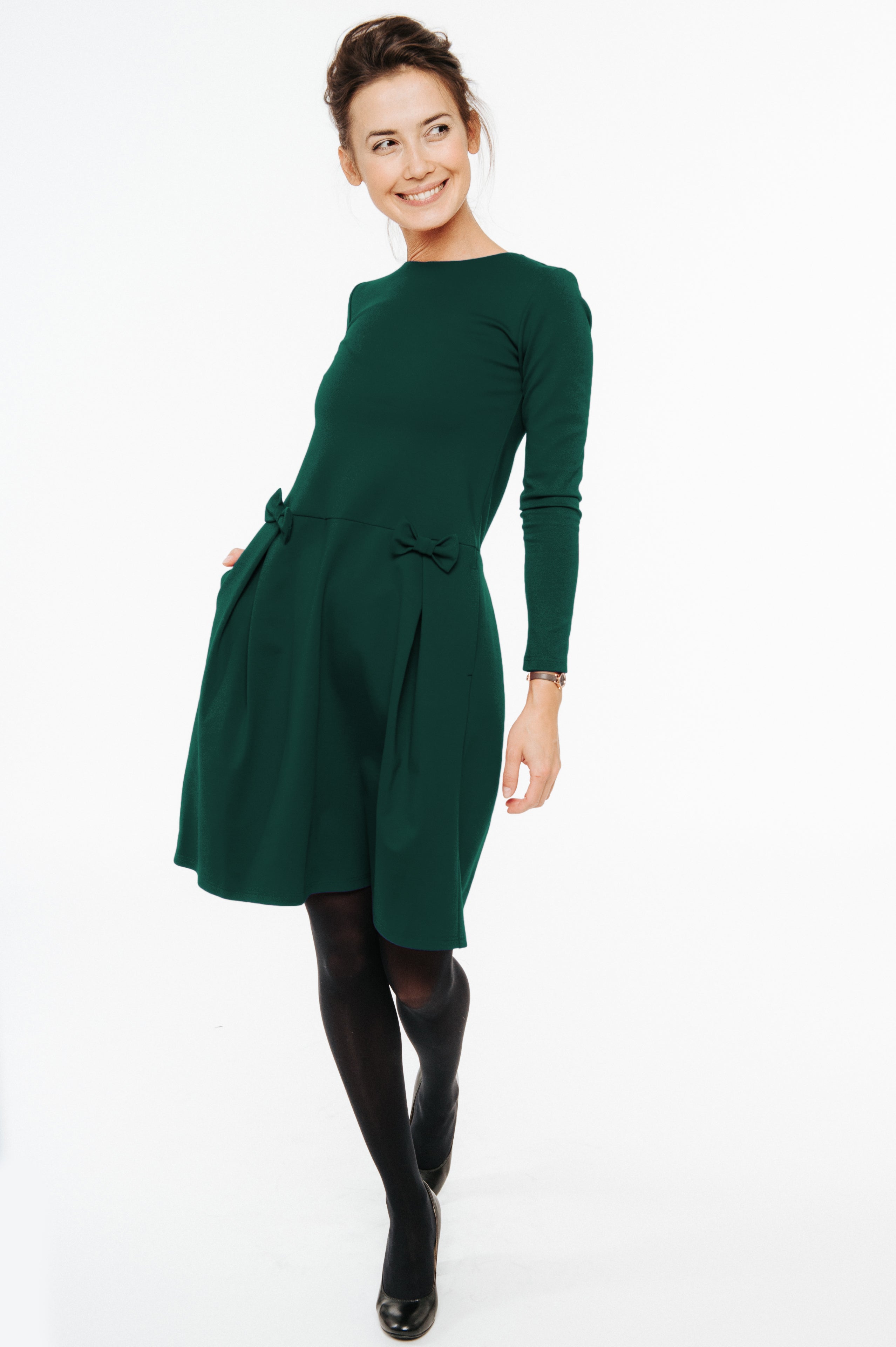MADMUAZEL — Italian Punto Milano Knit Dress with Bows — Green#Color_Green