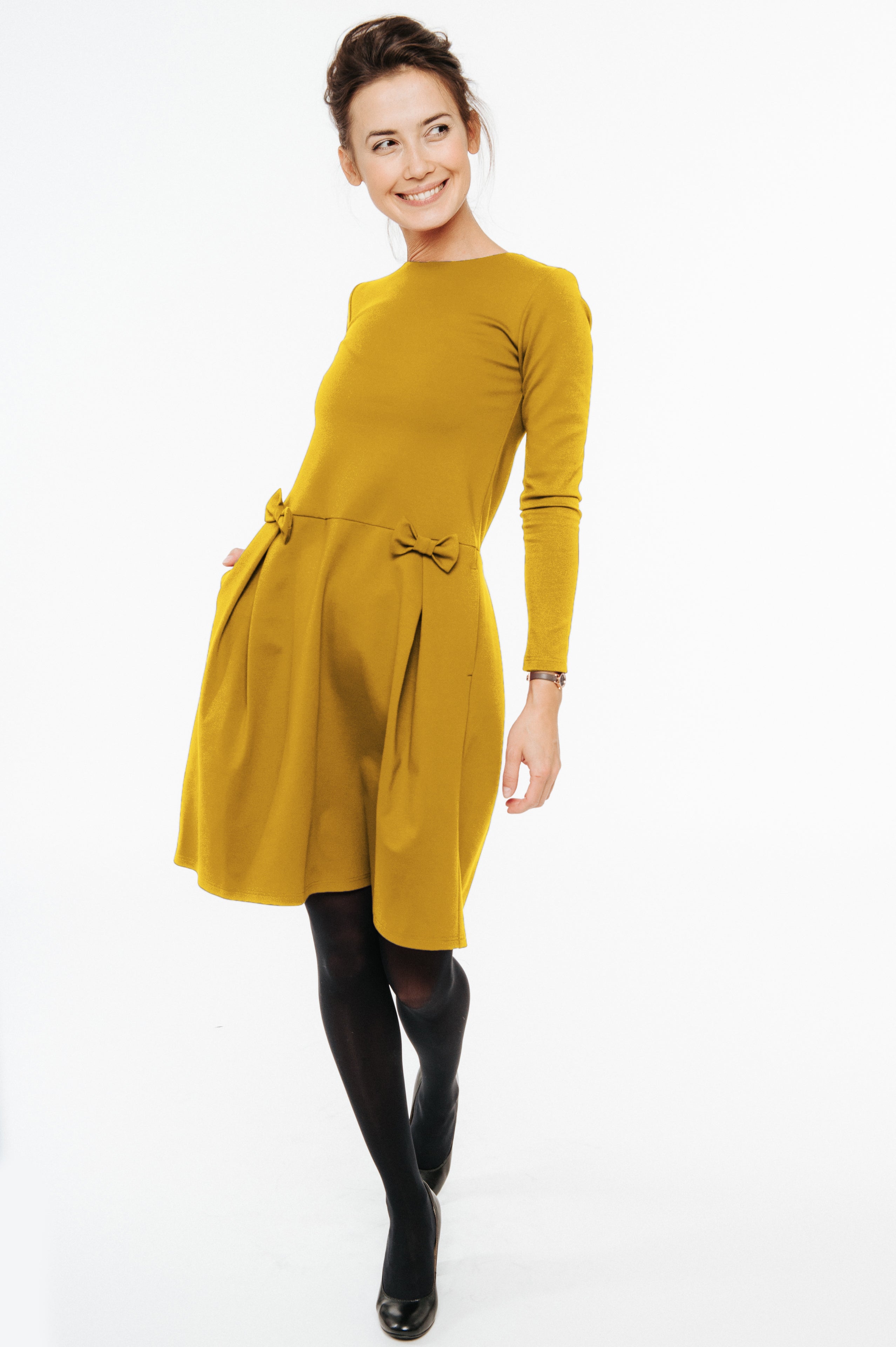 MADMUAZEL — Italian Punto Milano Knit Dress with Bows — Yellow#Color_Yellow