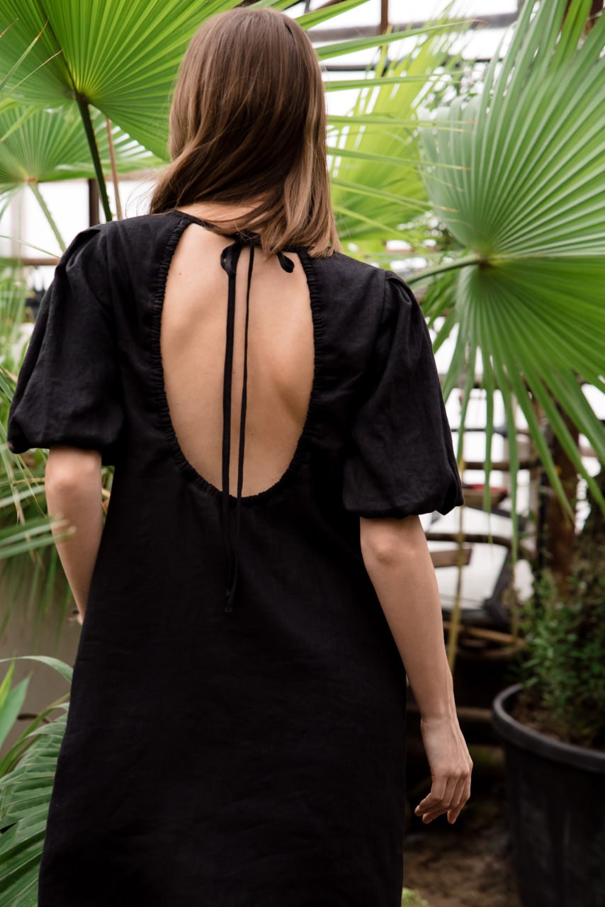 CHARM — Stonewashed Linen Dress, Open Back, Puff Sleeves