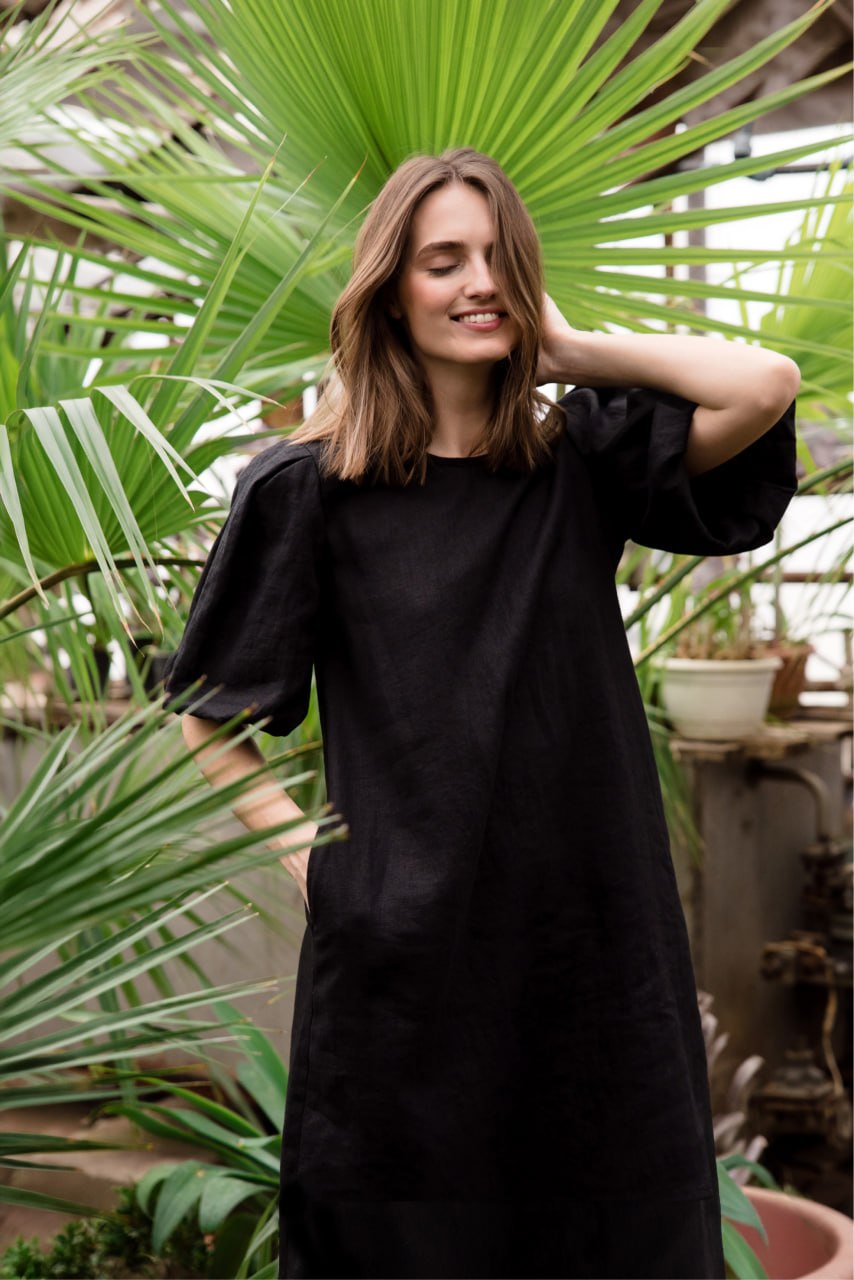 CHARM — Stonewashed Linen Dress, Open Back, Puff Sleeves