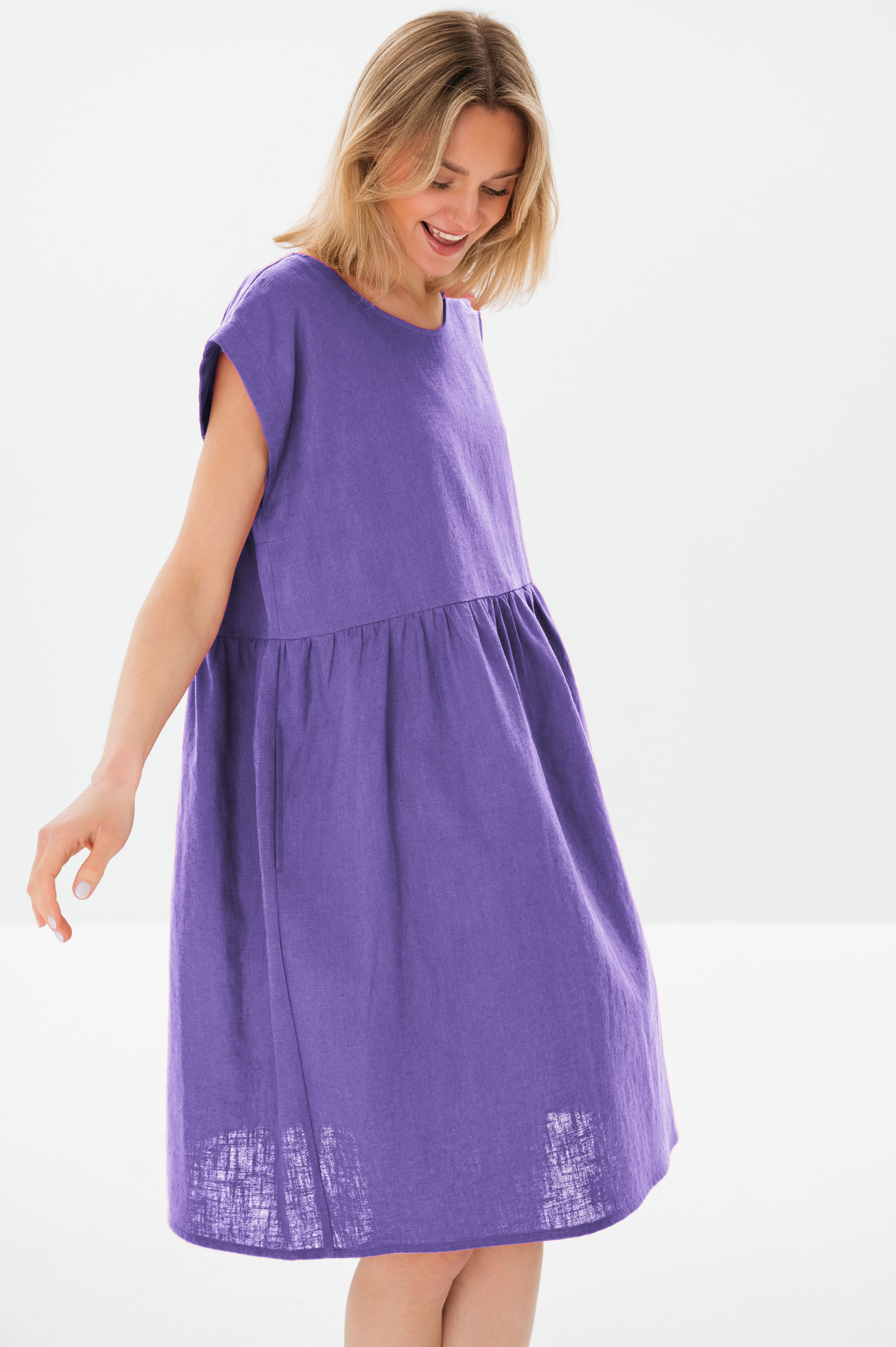 LUNA — Relaxed Linen Dress with Pockets — Purple#Color_Purple