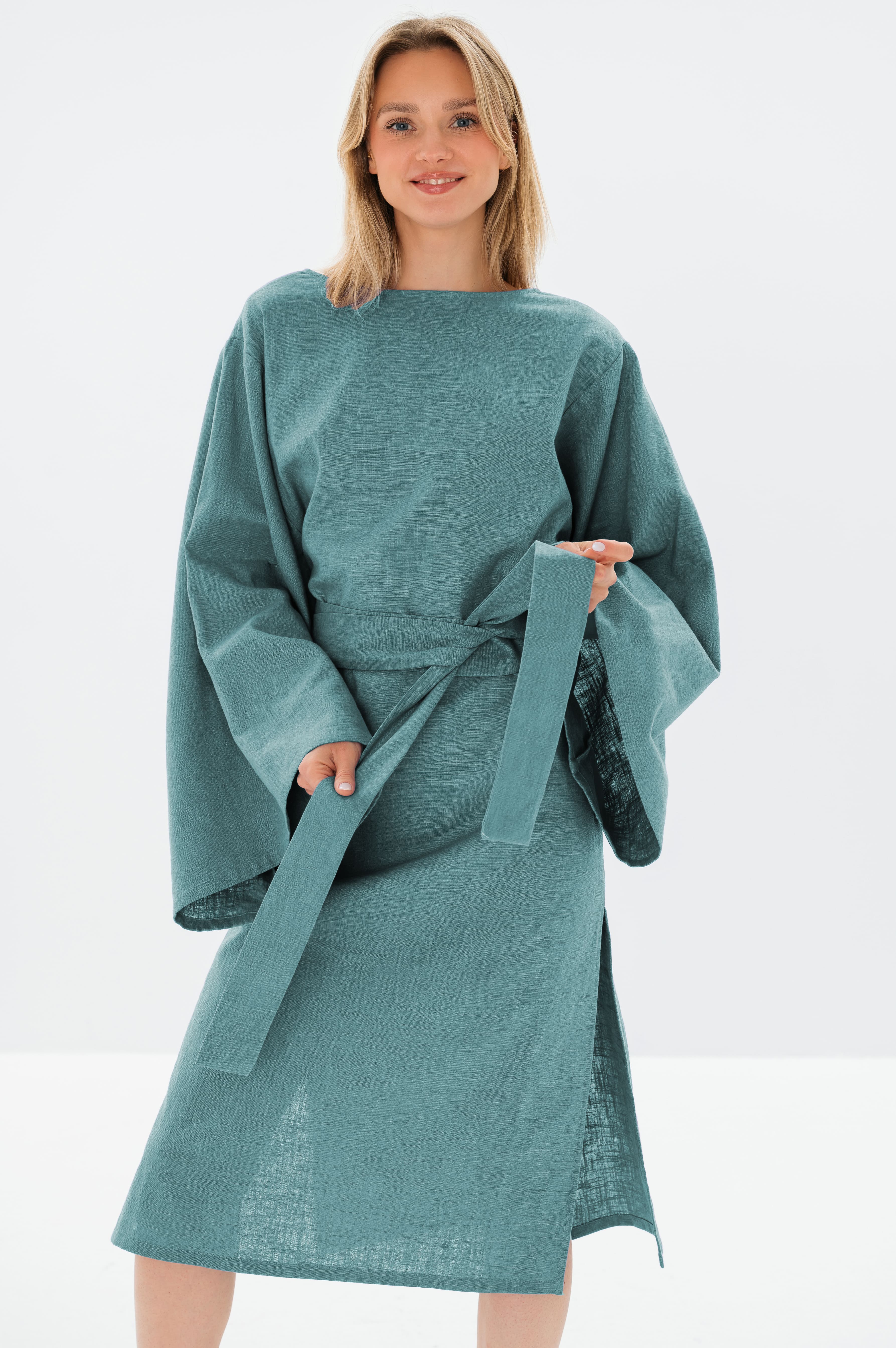 WHISPER — Stonewashed Linen Kimono-Sleeve Midi Dress