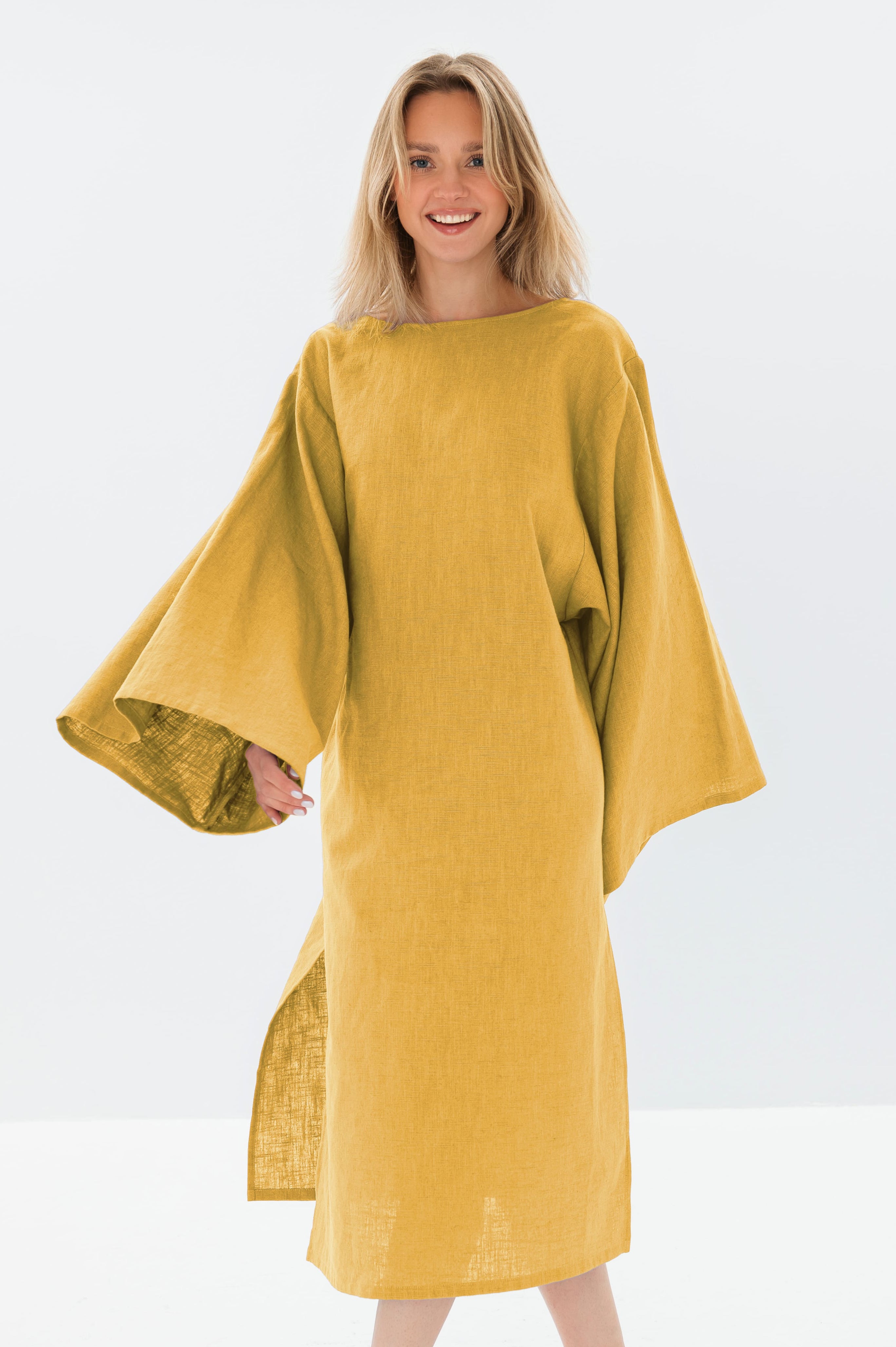WHISPER — Stonewashed Linen Kimono-Sleeve Midi Dress
