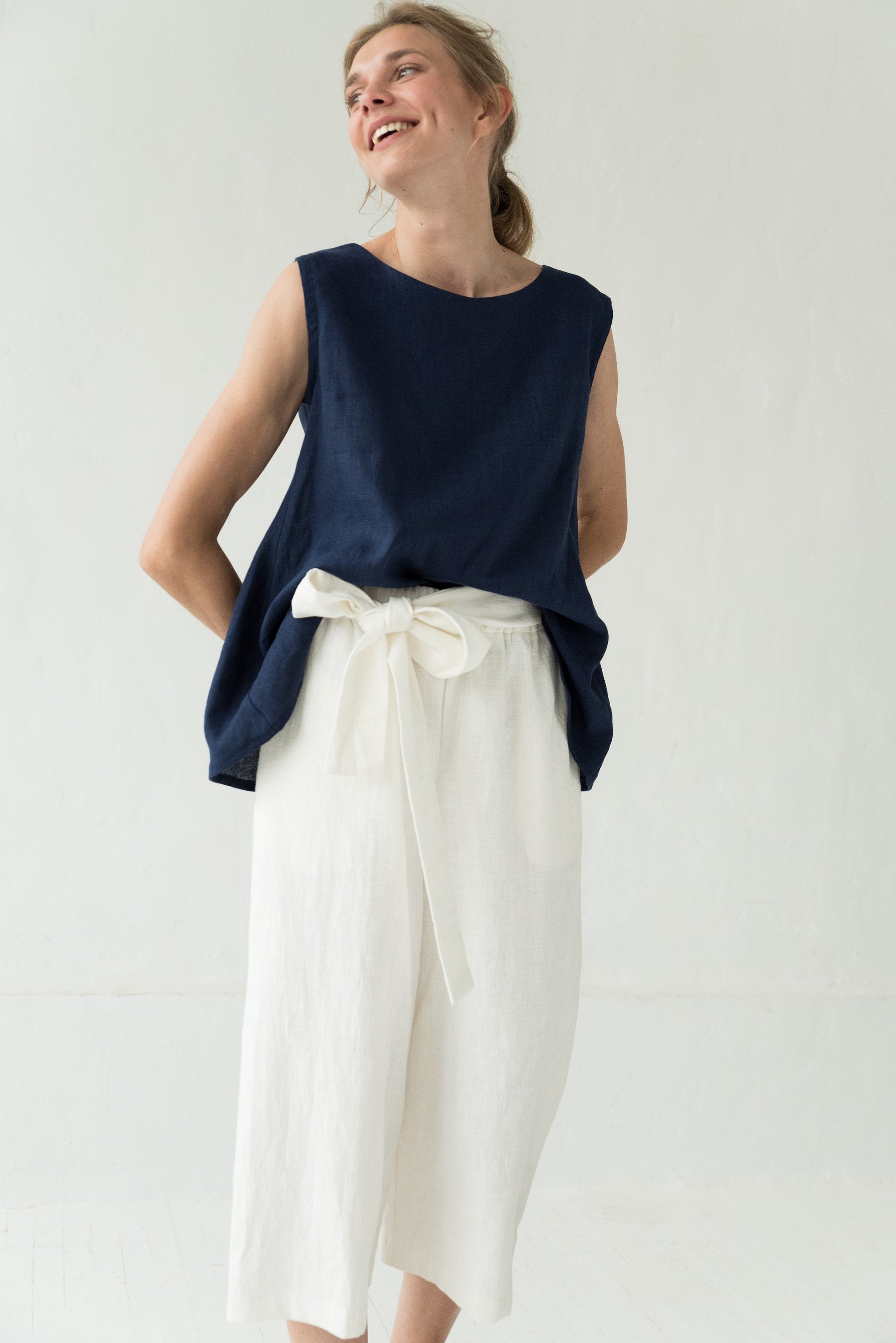 MIX & MATCH — Pantalon en lin raccourci à jambes larges