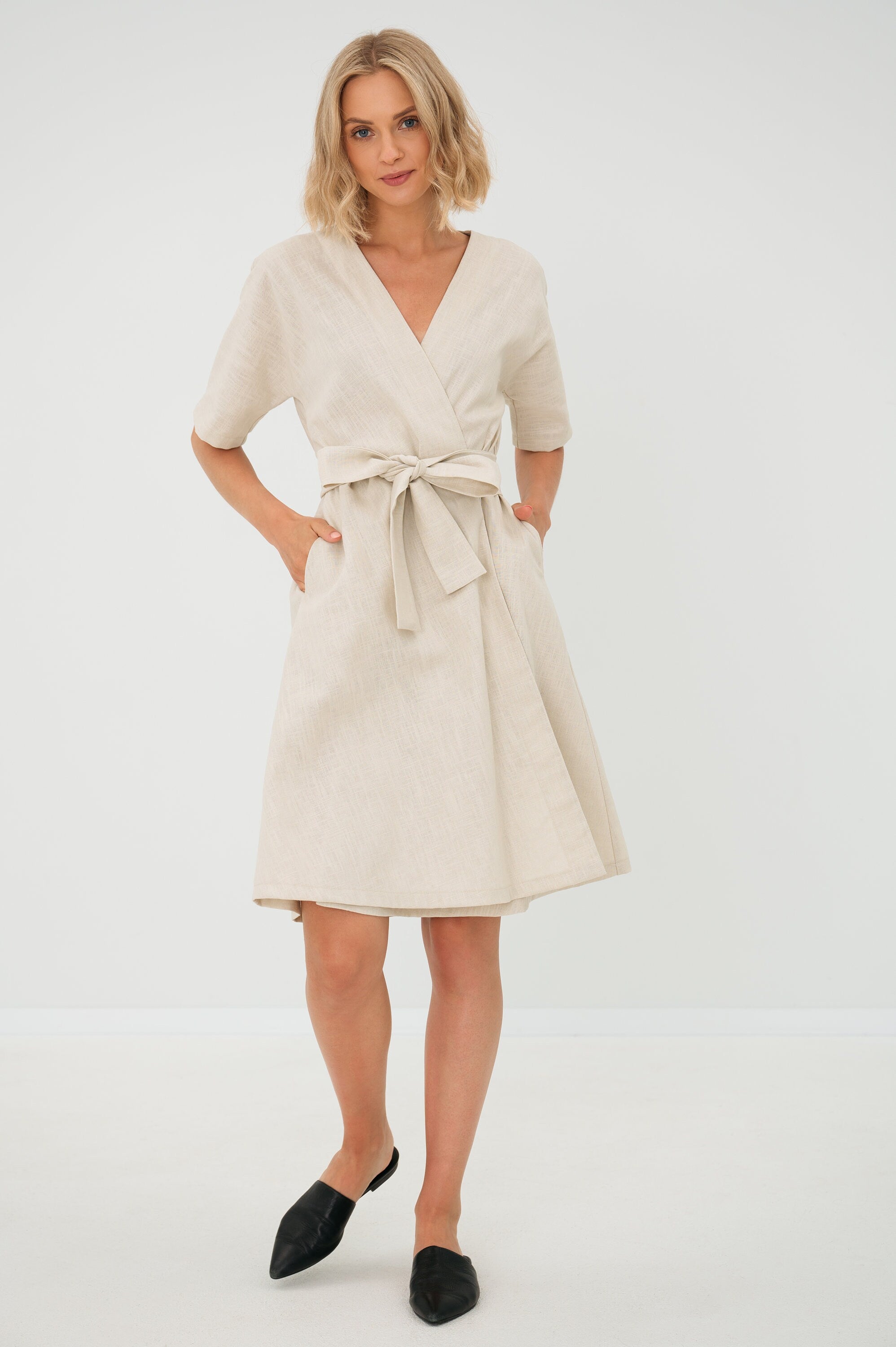 CHLOE — Wrap-Style Linen Dress with Pockets