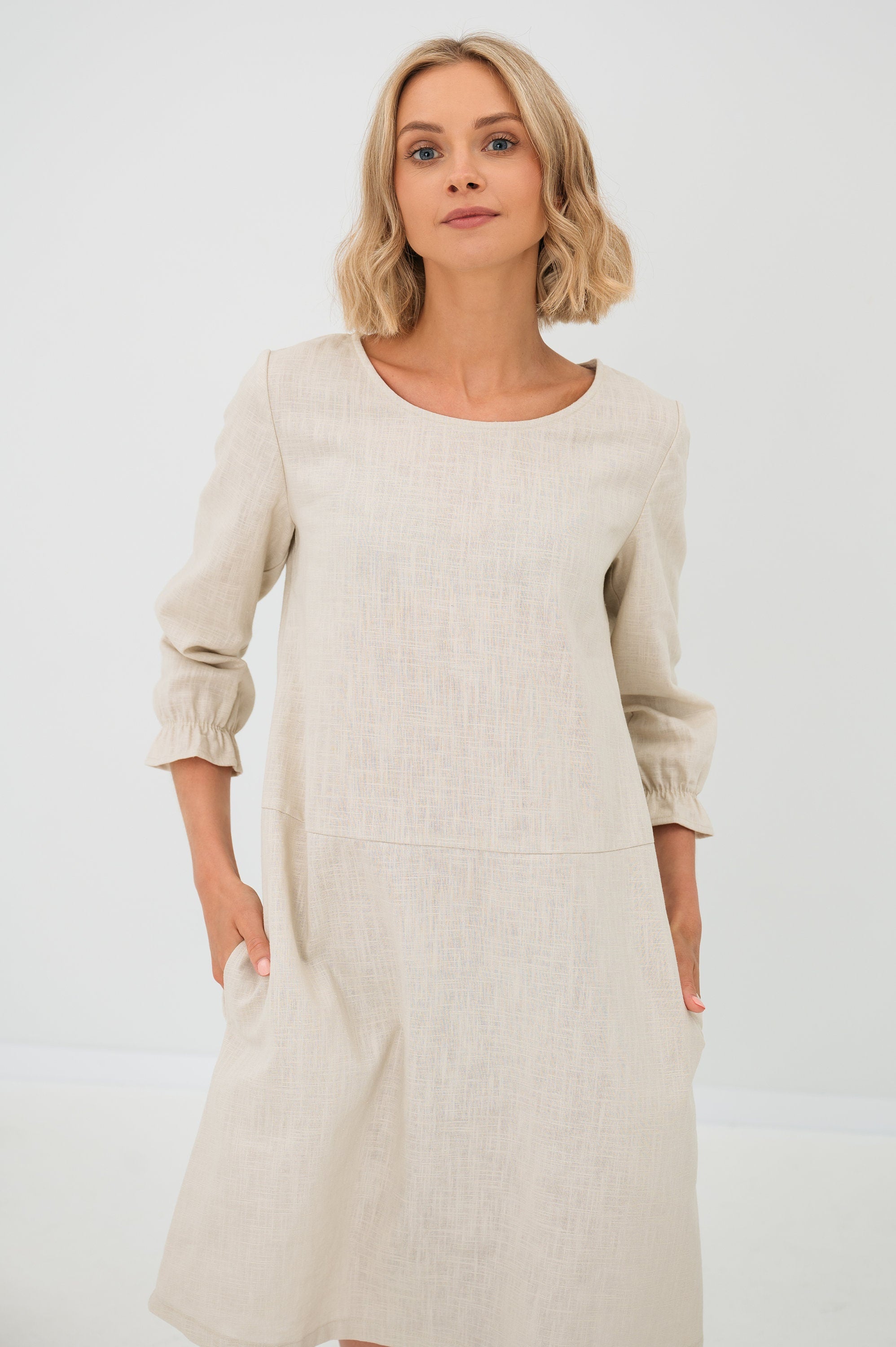EMMA — Stonewashed Linen Dress With Pockets and Tie Belt