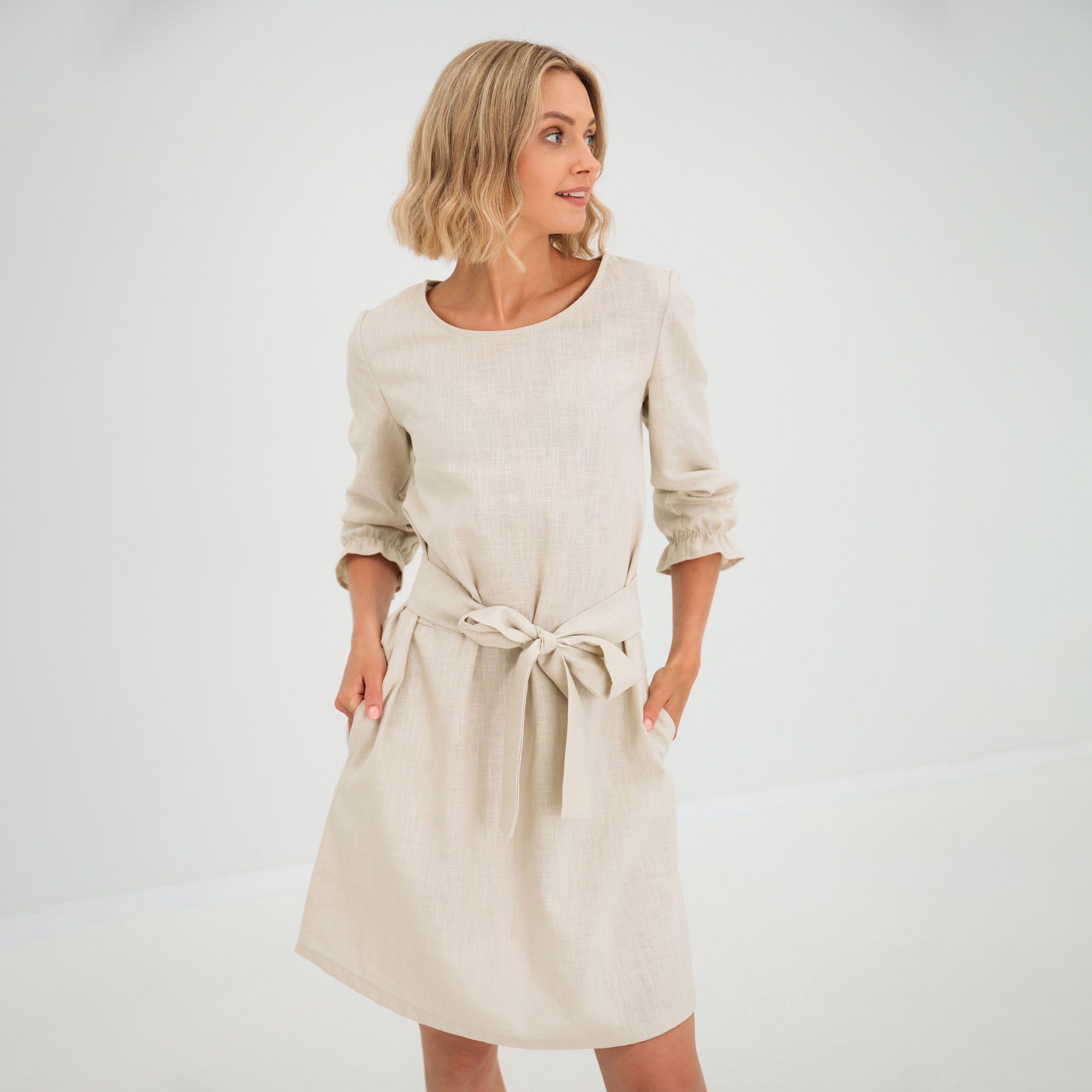 EMMA — Stonewashed Linen Dress With Pockets and Tie Belt