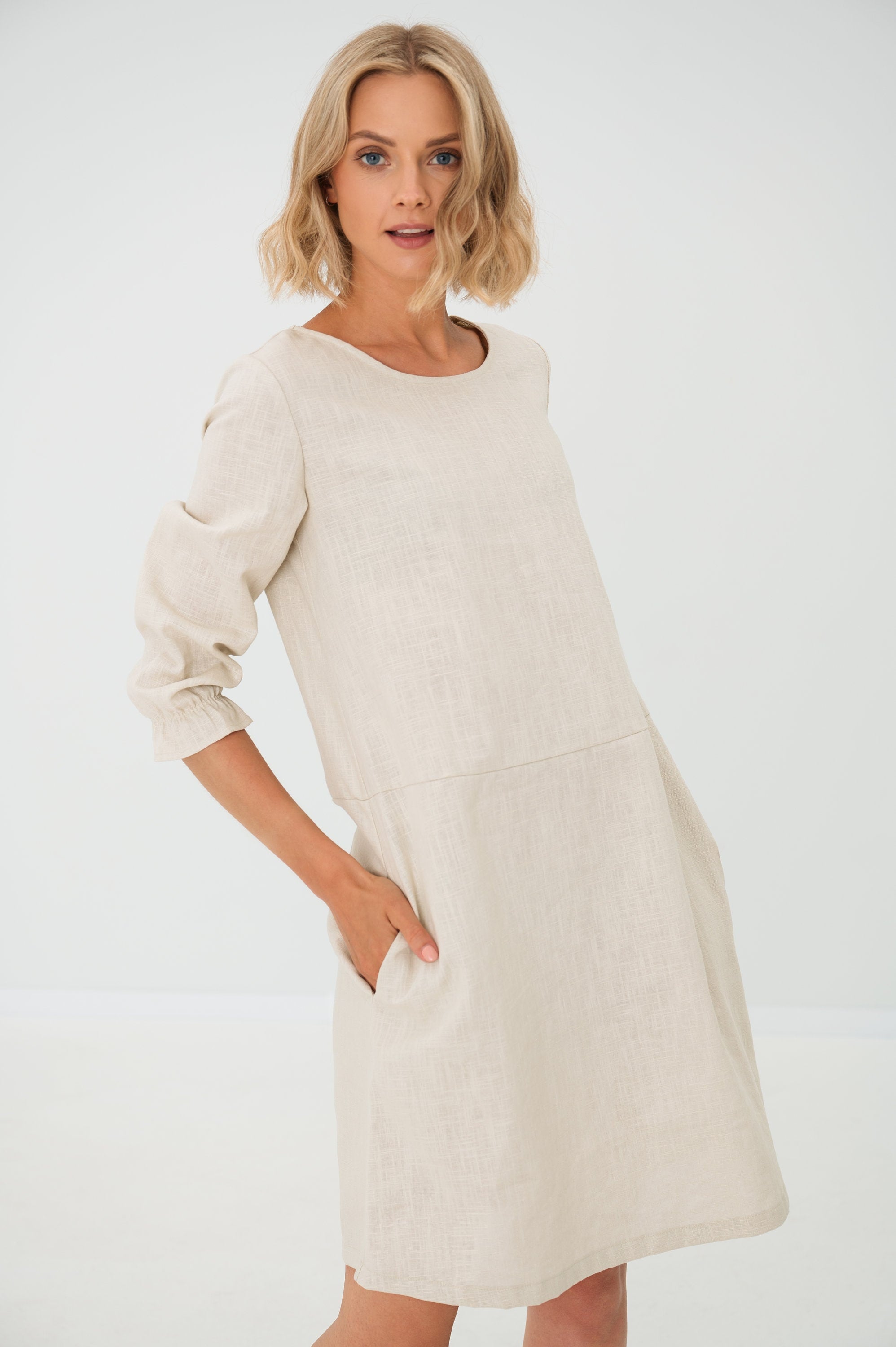EMMA — Stonewashed Linen Dress With Pockets and Tie Belt