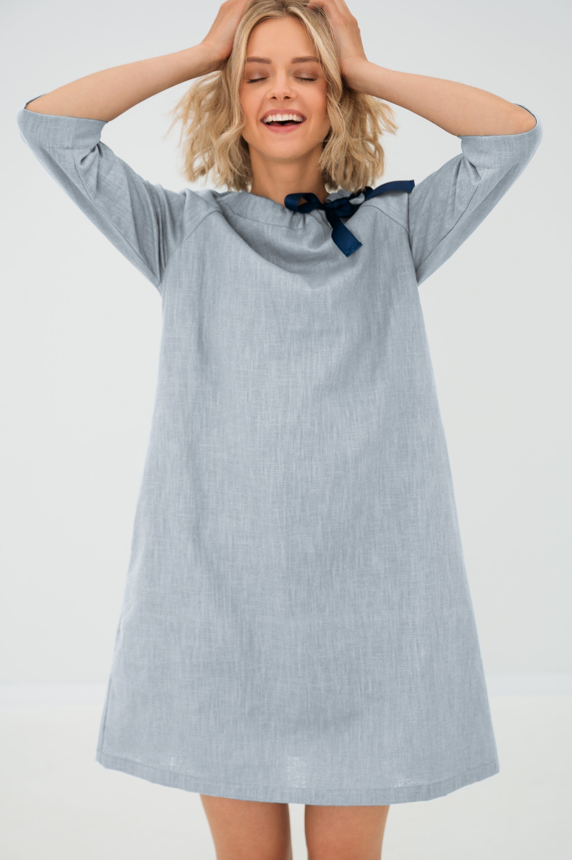 FRENCH — Stonewashed Linen Dress With Adjustable Ribbon Bow
