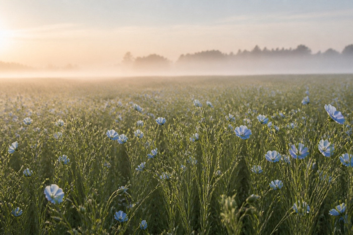 Blue flax flowers across a misty field at sunrise